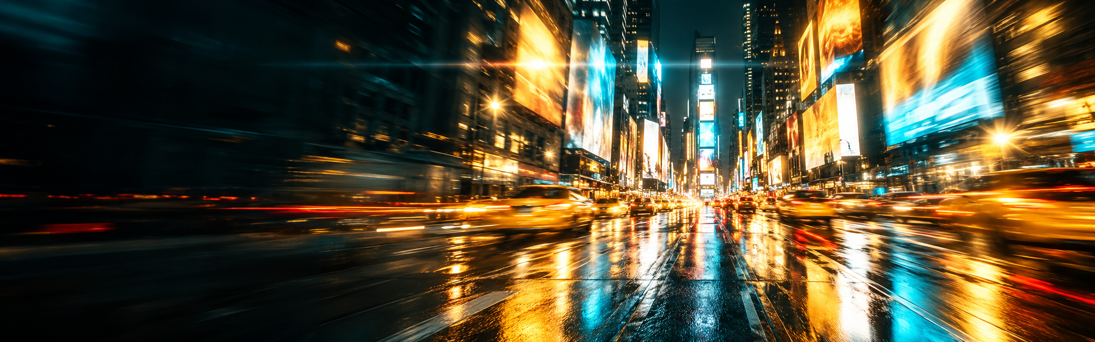 Long-exposure photo of Times Square at night, with glowing billboards and light trails from yellow taxis on a wet street.